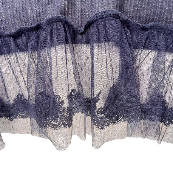 Forgotten Grace Cardigan Sheer Lace Hem Navy Blue Sweater Pearl Buttons Ribbed - Picture 3 of 15